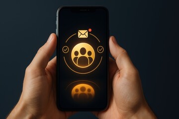 Hands holding smartphone with glowing group and email icon for communication and teamwork 
