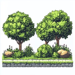 Pixelated Tree and Landscape, Pixel Art Plants and Flowers Video Game Asset, 8bit 16bit Retro Gaming Nature