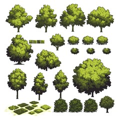 Pixel Tree Set Bush Shrub Collection Plant Isolated Retro 8bit 16bit Pixelated Nature Video Game Asset