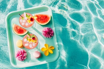 Exotic Poolside Floating Tray with Fruits and Desserts