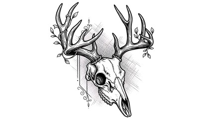 Detailed Deer Skull with Antlers and Floral Design.