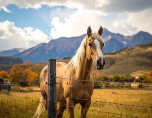 A light-brown horse stands serenely behind a rustic wooden fence, framed by a golden autumnal landscape and distant mountains.