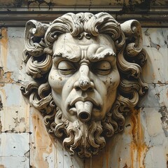 A weathered stone carving of a grotesque or mythical face embedded in a wall. Aged stone texture with patina and discoloration. Medieval or gothic aesthetic, architectural ornament, cultural symbolism