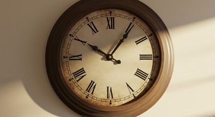 Close up of an old wooden clock with roman numerals on a wall