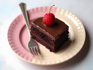 Chocolate cake slice on pastel