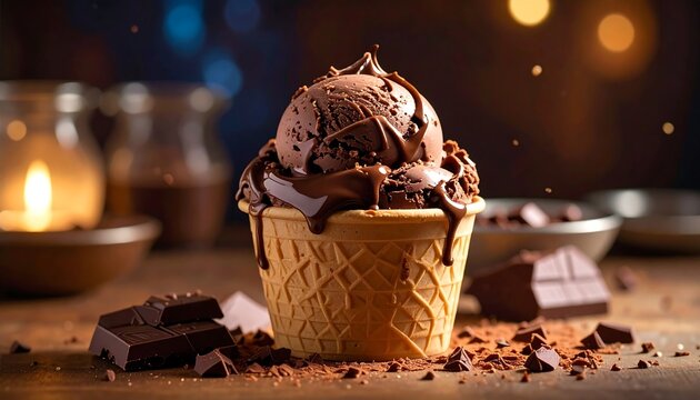 A decadent scoop of rich chocolate ice cream, dripping with melted chocolate, nestled in a waffle cone, surrounded by chocolate chips and cocoa powder, creating a tempting dessert image.