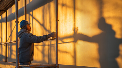 Fototapeta premium Construction worker on scaffolding at building site, perfect for architecture projects, safety campaigns, industry publications, engineering visuals, or urban development themes.