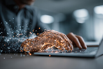 Hand interacting with holographic AI interface over keyboard