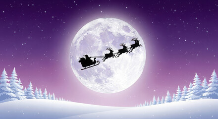 Fototapeta premium Santa claus sleigh flying across a large full moon at night