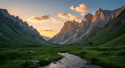 Dramatic sunset over a pristine mountain valley, where a tranquil river flows through emerald fields, framed by majestic, sun-kissed rock formations