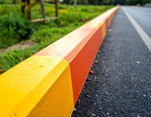 Colorful curb painted in vibrant yellow and orange hues, marking the edge of a paved road and bordering a grassy area.