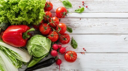 Colorful vegetables including lettuce, tomatoes, peppers, and radishes are artfully arranged on a rustic wooden table, showcasing freshness suitable for healthy meals.