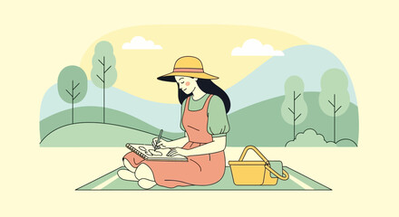 Artist Sketching Outdoors While Enjoying a Peaceful Picnic Amidst Nature's Beauty