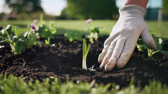 Planting a seedling in a sunny garden