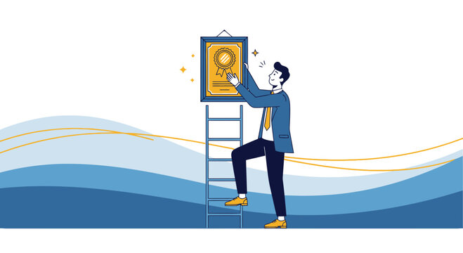 Achieving Success: A Businessman Ascending To Display An Award Of Excellence - Powered by Adobe