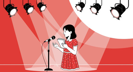 Aspiring Performer Under Spotlight Reading From Notes, Public Speaking At Concert Stage