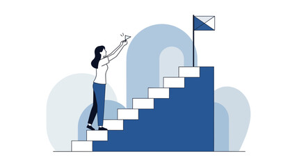 Achieving Success: A Woman Reaching The Summit And Raising A Flag Of Triumph