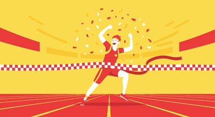 Athlete Celebrates A Victorious Sprint Crossing The Finish Line In The Stadium Illustration