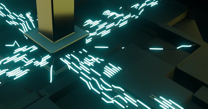 Anima&ccedil;&atilde;o 3D de um pilar met&aacute;lico conectado por trilhas luminosas ciano que cruzam a cena em quatro dire&ccedil;&otilde;es, sugerindo fluxo de dados/energia em uma superf&iacute;cie modular. Visual high-tech, limpo