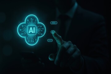 Businessman pointing at AI hologram interface symbolizing futuristic artificial intelligence technology 
