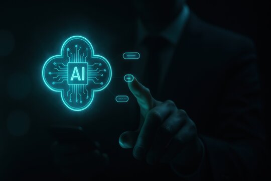 Businessman pointing at AI hologram interface symbolizing futuristic artificial intelligence technology 
 - Powered by Adobe