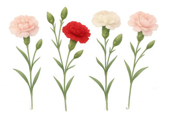 Obraz premium Carnation flower collection featuring red, pink, and white dianthus blooms with buds, transparent background