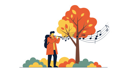 Autumn Serenade: A Person Playing Flute Under a Tree with Musical Notes