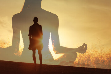 Meditation and Empowerment Double Exposure at Sunset, Woman meditating overlaid with thoughtful...