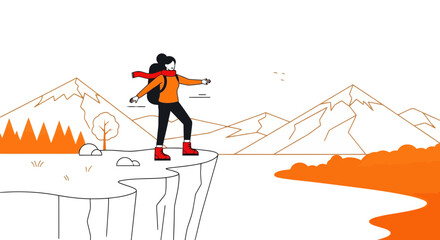 Adventurous woman hiking in mountains looking at the view of the wild nature