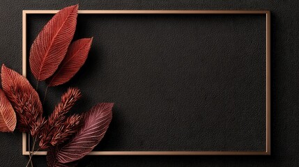 Intricate reddish-brown leaves and decorative sprigs gracefully adorn the corner, complemented by a golden rectangular frame, set against a textured, deep black background, creating a sophisticated...