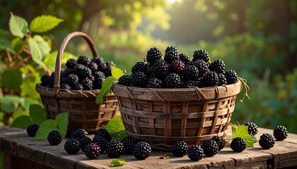 Freshly picked blackberries overflow from rustic wooden baskets, nestled on a weathered wooden surface bathed in morning sunlight.
