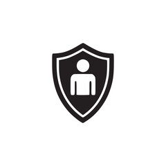 Vector art of shield icon with person inside symbol of protection, security, and safety represents safeguarding personal information, privacy, and data from threats and risks