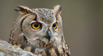 Close-up of a majestic eurasian eagle-owl with striking orange eyes