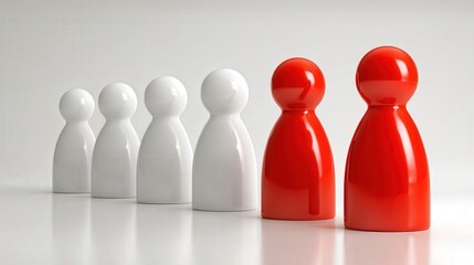 Distinctive white and red figures stand in a line against a white backdrop, creating a visually interesting composition with light reflections.