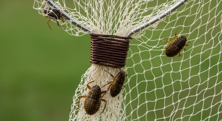 Group of beetles on white netting outdoors in natural setting