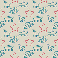 A pattern of military vehicles and stars is drawn in red, white, and blue. The design is a playful take on the idea of war and peace