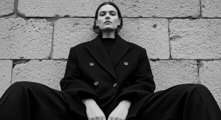 Confident young caucasian female in black suit sitting against stone wall