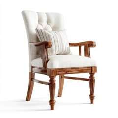 Fototapeta premium Elegant Upholstered Armchair with Wooden Frame and Striped Cushion on White