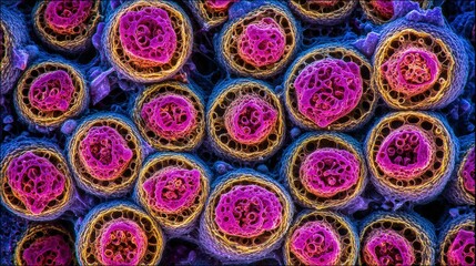 Vivid, colorful microscopic cellular structures are displayed in a , revealing intricate details within a complex biological composition.