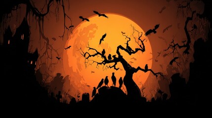 Silhouette of a large full moon illuminating the night sky above a cemetery, spooky tree branches, and flying creatures, establishing a dark and mysterious atmosphere with a Halloween concept.
