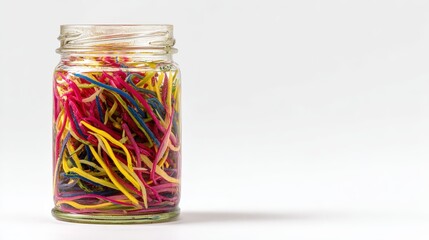 Colorful, vibrant assortment of multicolored string pieces fills a transparent glass jar, showcased against a stark white background, emphasizing the textures and dynamic composition, creating a...