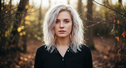 Caucasian female with blonde hair in forest during autumn calm scene
