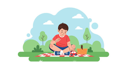 Boy Playing With a Toy Car During a Leisure Time Picnic in a Park Enjoying Sunshine