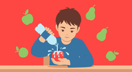 Boy Pouring Water on Apple, With Green Floating Fruits and A Vivid Red Background