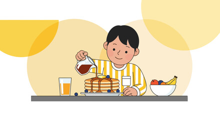 Boy Pouring Syrup On Pancakes, Delightful Breakfast Image With Fruit and Juice