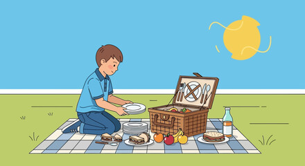 Boy Prepares For A Delightful Picnic Lunch, Enjoying The Warm Sunshine Outdoors