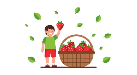 Boy Proudly Showcases A Fresh Strawberry Harvest In A Basket During Daylight Hours