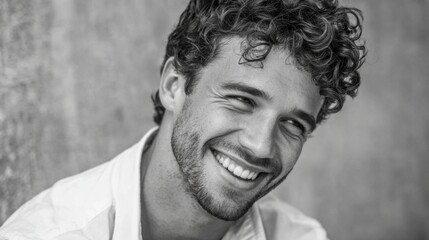 Fototapeta premium A man with curly hair is smiling warmly, showcasing an engaging personality. His casual outfit and relaxed posture suggest a friendly atmosphere, illuminated by natural light.
