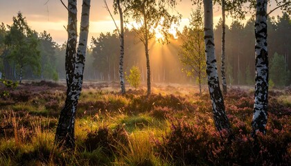 Sunbeams pierce the tranquil morning mist, illuminating a field of birch trees and purple heather.