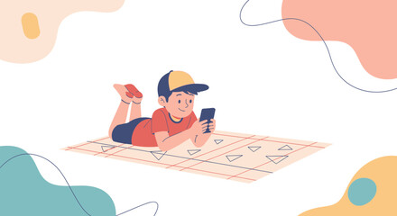 Boy Using Smartphone While Lying on Mat with Abstract Decorative Background.